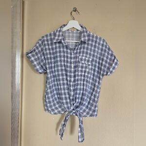 Love Notes Cotton Plaid Short Sleeve Button Down Tie Front Top Blouse
